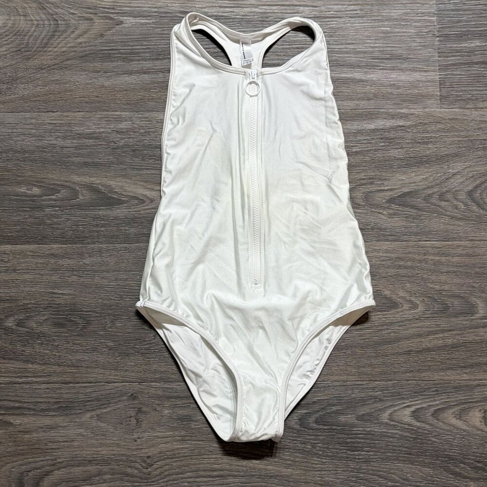 American Apparel Medium White Zip Up T-Back Swimsuit Y2K One Piece Bathing Suit
